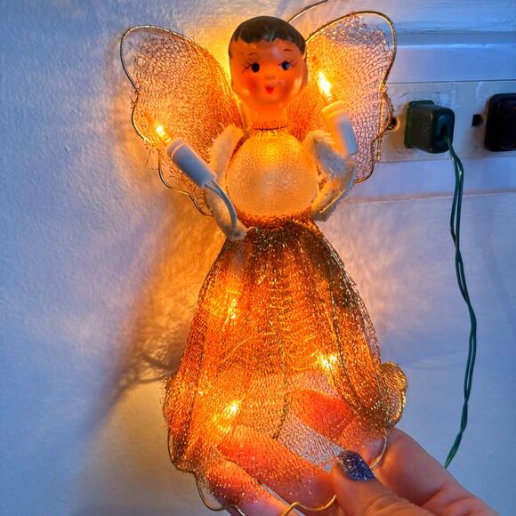 Vintage Lighted Angel Christmas Tree Topper Gold MCM Lights Pipe Cleaners WORKS - Picture 1 of 9